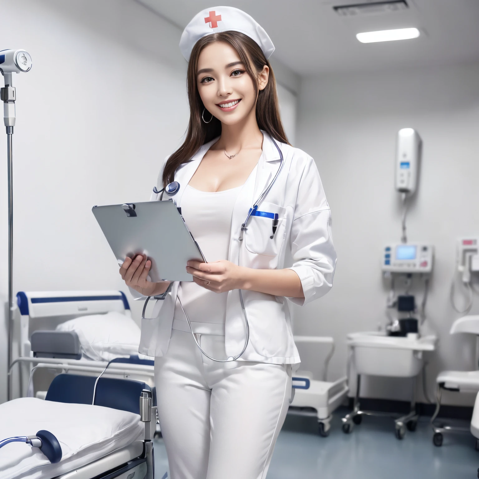 ((top-quality、masutepiece、8K、Top image quality))、((1 nurse,Manteau blanc、Nurse Cap,Full body white、White pants、Perfect smile、A big smile staring at the camera、Looking at the camera、Standing in a hospital room、holding a clipboard、stand with a clipboard、Shoot in the knee))、((Breasts are big、hyperdetailed face、stethoscope、二重まぶた、White clean teeth、Breasts are big、Perfect makeup,Gentle expression、shiny lip、Detailed depiction of the background of the hospital room、Perfect litthing))