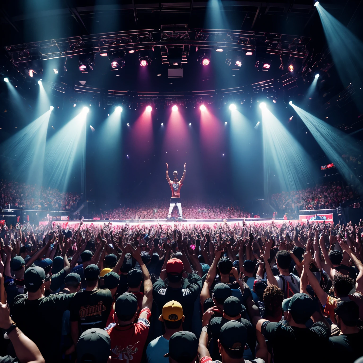 (best quality), (masterpiece), a high-energy stage performance with two rappers, a large crowd of spectators, and an overwhelming sense of excitement, (hip hop:1.3), (dynamic:1.2), (vibrant atmosphere:1.3), (enthusiastic audience:1.2), (intense energy:1.2), (dramatic lighting:1.1), (captivating moment)