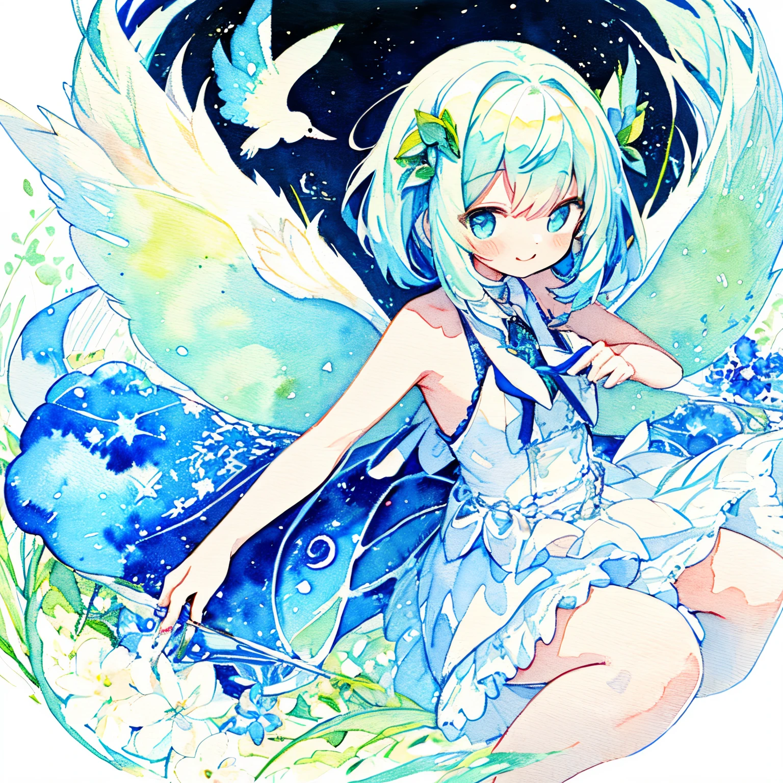 miku hatsune:1.8、(big fairy wings made of lace:1.3)、(Fairy girl surrounded by Herelis flowers 、Beautiful feathers that sparkle on the back、The background is a world in a sparkling picture book、A smile)、1girl in、(PastelColors:1.2)、(Cute illustration:1.2)、(watercolor paiting:1.2)、Pale green background、jumpping、side from