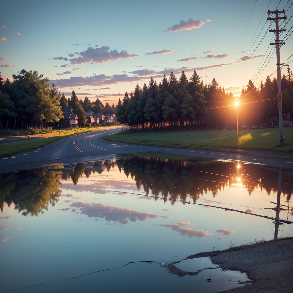 no people, scenery, cloud, sky, reflection, outdoors, sunset, caption, cloudy sky, sign, power pole, sparse very small houses, power lines, road sign, blue sky, street of a small township in northern usa, many trees, green grass, horizon, sunset, landscape, lens flare, warm colors, warm tones