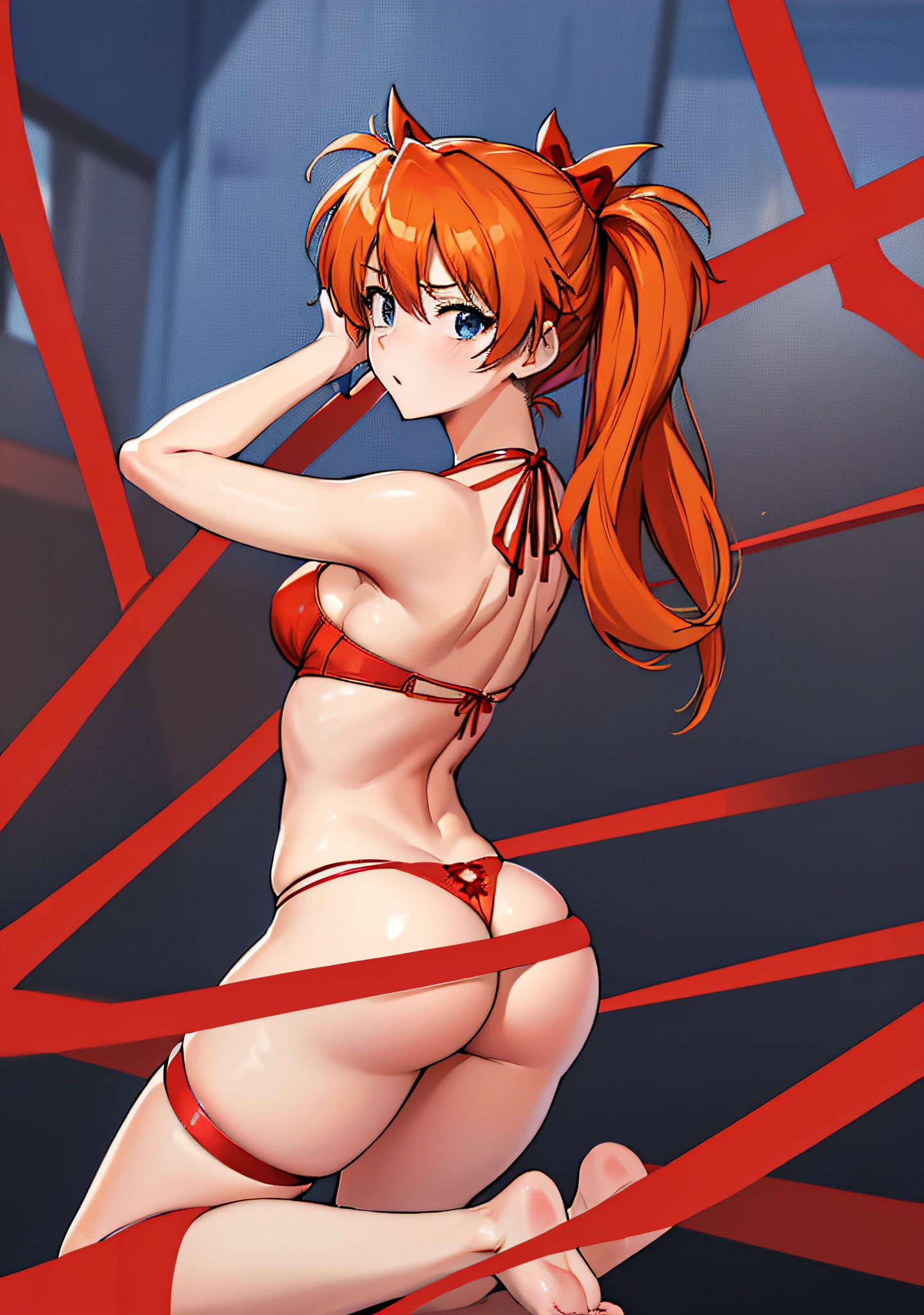(masutepiece),(Best Quality), Asuka Langley Soryu,、Soio、Blue eyes,hair between eye,headware,Interface headset,Orange hair,Red Ribbon、bow ribbon、Big breasts、((Smaller head))、1 female、Rear view、buttocks are turned、Kneeling erotic lingerie beauty, sulk, big naked breasts