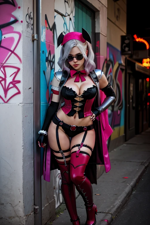 in the spirit of cosplay, cosplay harleys cosplay, in the style of light magenta and dark crimson, graffiti-inspired portraiture, high resolution, dark silver and dark crimson, crossed colors, street-savvy