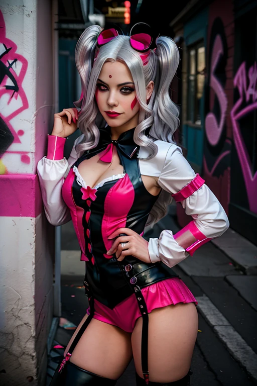 in the spirit of cosplay, cosplay harleys cosplay, in the style of light magenta and dark crimson, graffiti-inspired portraiture, high resolution, dark silver and dark crimson, crossed colors, street-savvy