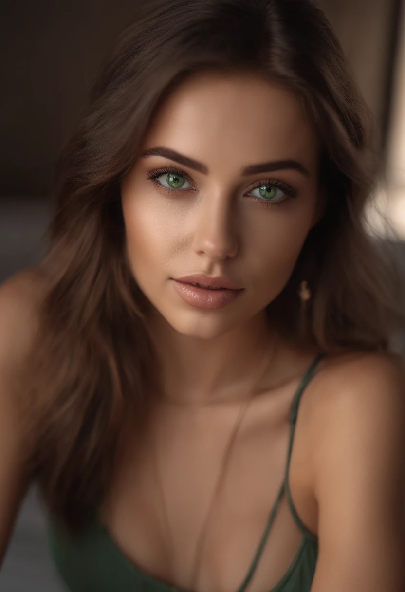 arafed woman with a white tank top and a necklace, sexy girl with green eyes, portrait sophie mudd, brown hair and large eyes, super realistic, 4k, selfie of a young woman, bedroom eyes, violet myers, without makeup, natural makeup, looking directly at the camera, face with artgram, subtle makeup, green eyes, cute girl, sexy pose, portrait, brunette goddess, high detail