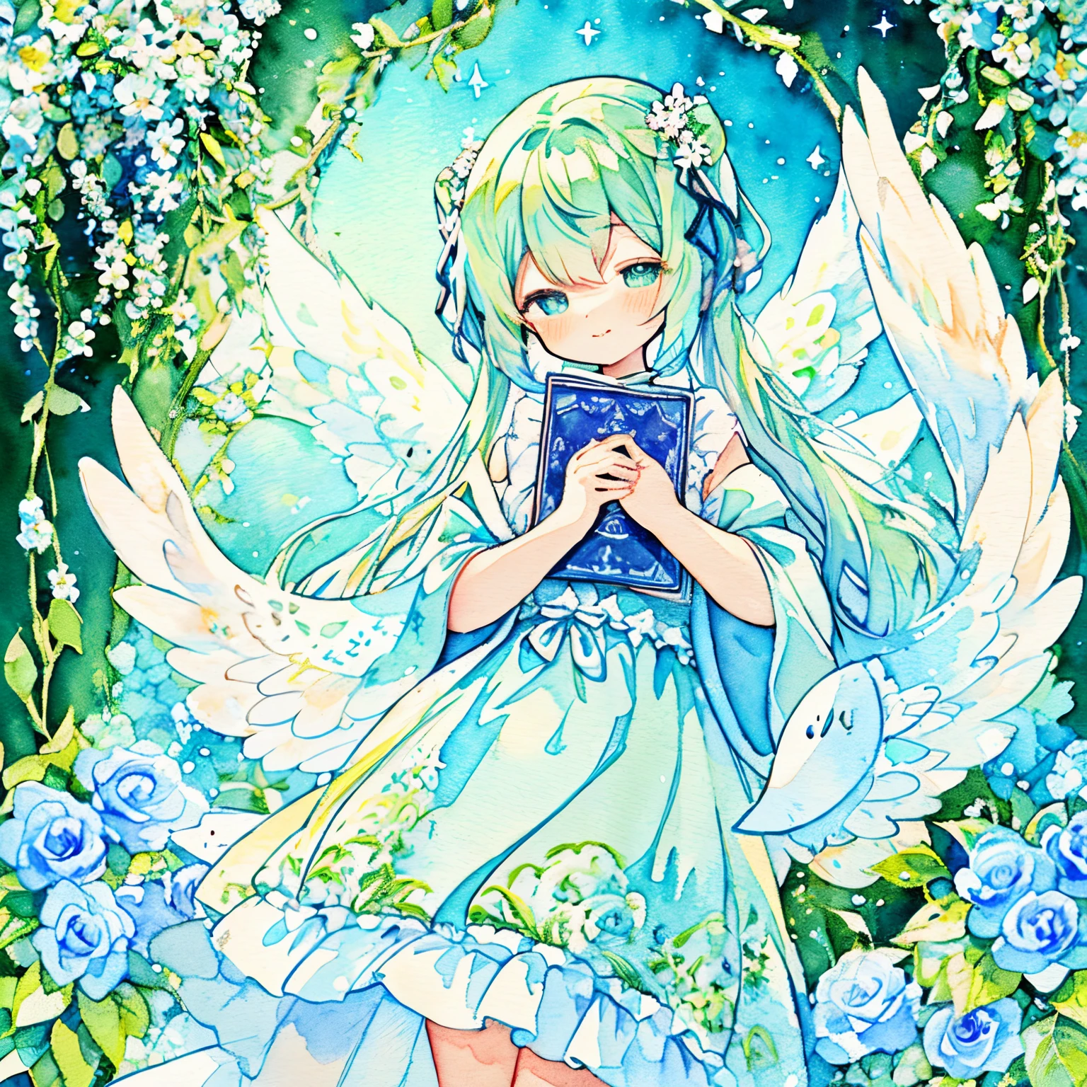 miku hatsune:1.8、(big fairy wings made of lace:1.3)、(Fairy girl surrounded by Herelis flowers 、Beautiful feathers that sparkle on the back、The background is a world in a sparkling picture book、A smile)、1girl in、(PastelColors:1.2)、(Cute illustration:1.2)、(watercolor paiting:1.2)、Pale green background、jumpping、frombelow、open the book、Holding a book、Circle of Angels