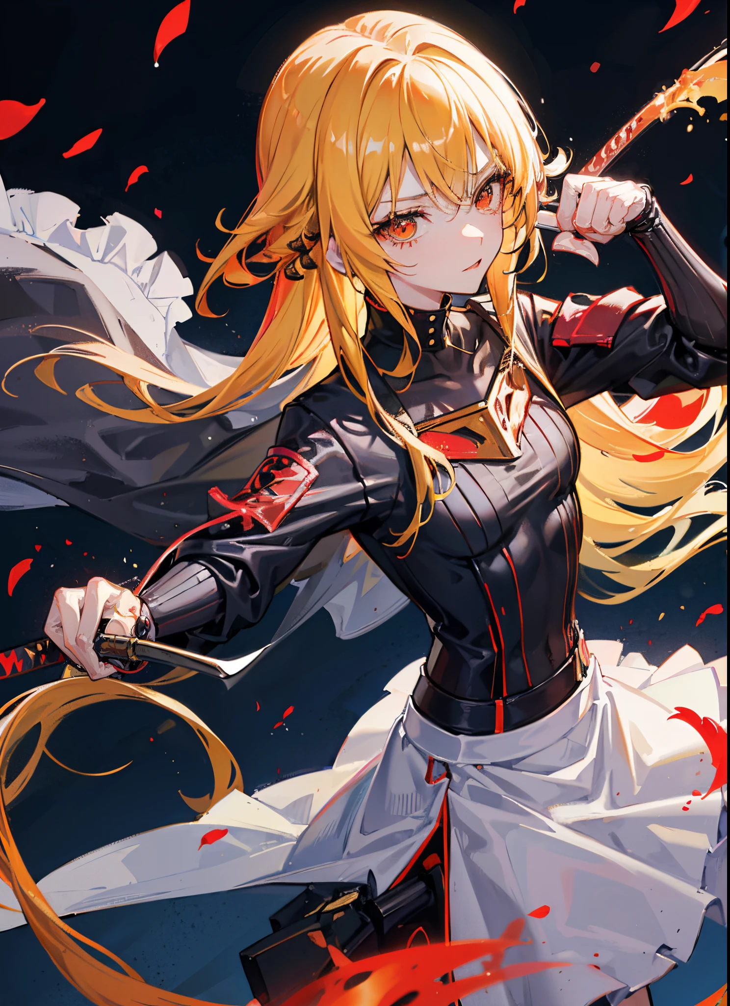 1girl, cool, '((Red sunglasses))', '((glowing red eyes))', '((yellow and black exoskeleton))', '((Augmented cyborg))', '((Girl fused with a wasp))', '((yellow hair color))', wasp wings, wasp tattoo, '((katana))', '((yakuza))',

action scene, '((Slashing))',  swing a Japanese sword, katana,

queen bee, supermodel, 

《Background》, '((petals fall))'

《upper body angle》