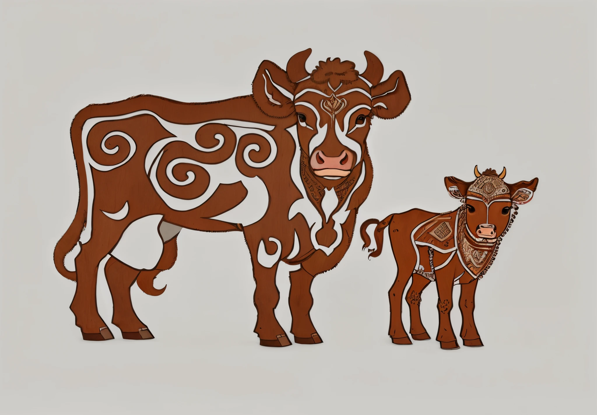 There is a picture，Drawing of a cow and a calf, CNC Plasma Vector Art, dairy cattle, CNC plasma vector art panel, calf, anthro bull, ancient art, random cow, laser cut, dairy cattle, large motifs, tribal art, paper cut out, Latte, The second...like a calf, wood art, Golden Taurus, celtic art style, Intricate patterns，three dimensional cow