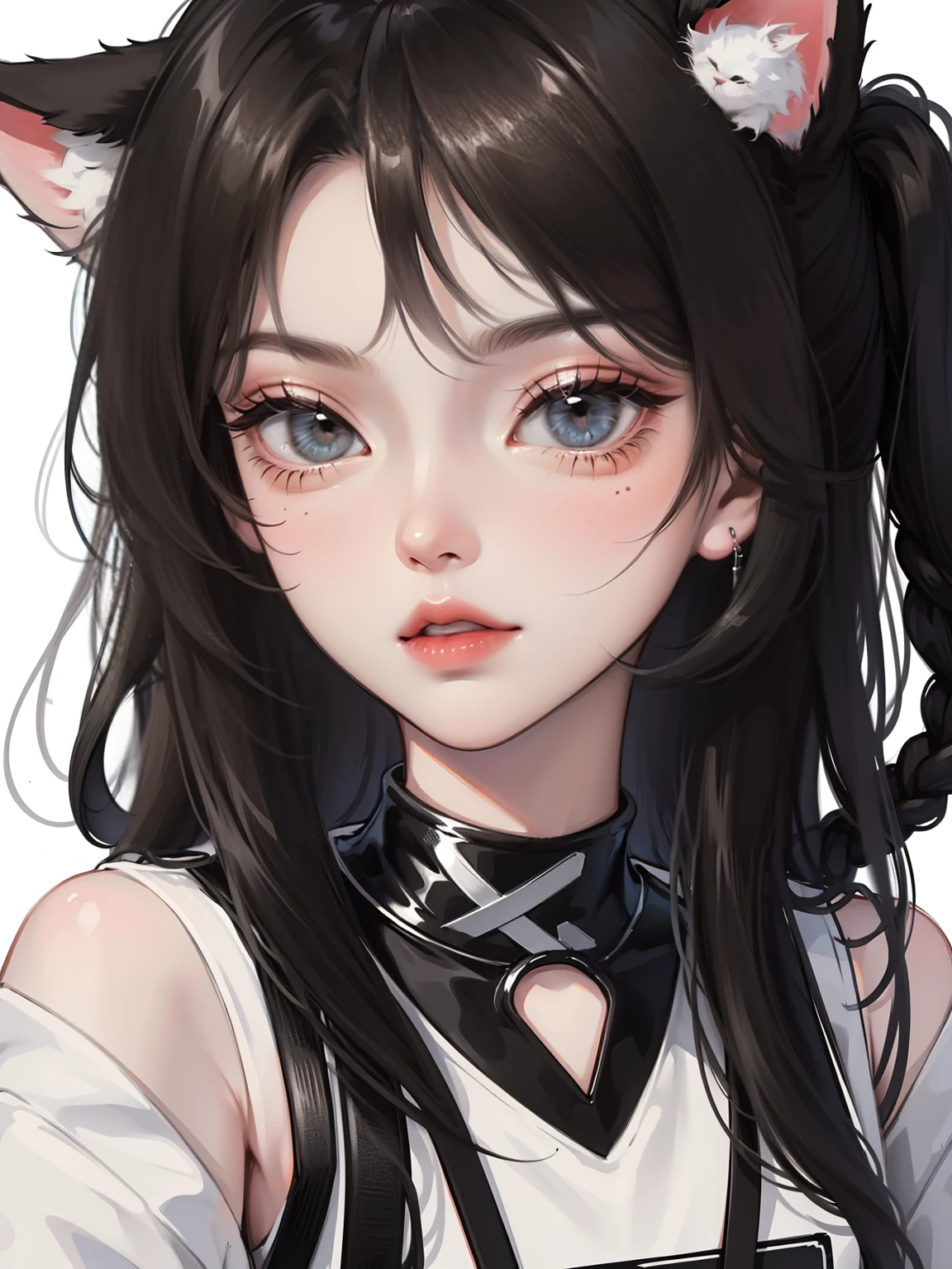 Close-up, one girl, cat ears, black hair, black eyes, black and white streetwear clothes, black and white accessories