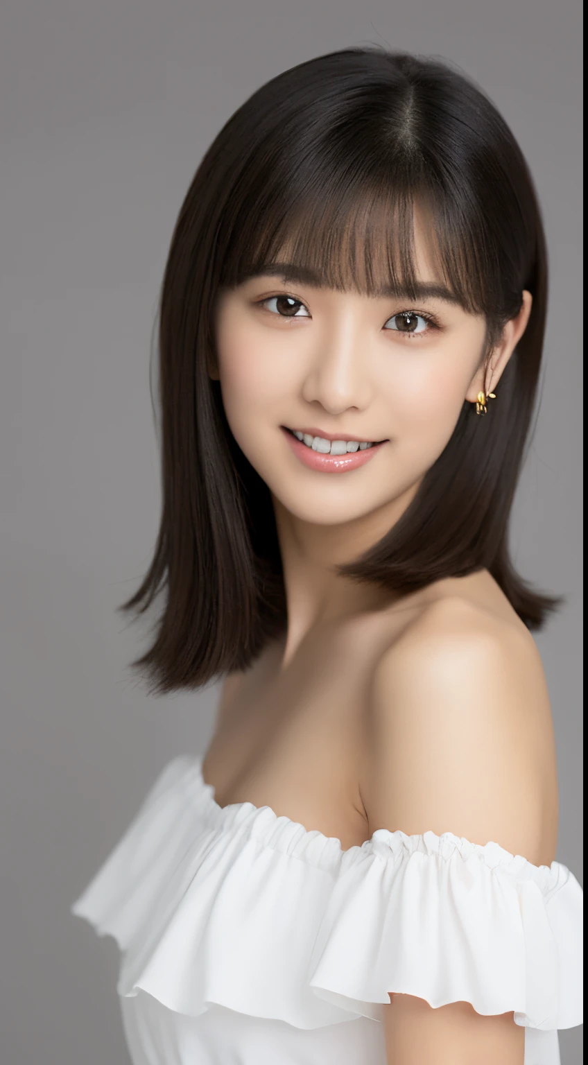(top-quality, masterpiece, hight resolution), beautiful female model。sexy pose,She wears a white off-the-shoulder with white ruffles that only hide her breasts。Put your shoulders out、kindly smile、Show your teeth a little。straight haired、(Semi-long to the shoulders、straight haired、Straight bangs、On-eyebrow bangs)、stick out only one ear、foco nítido、(电影灯光)、鎖骨、ear ornament、a necklace、Light gray background
