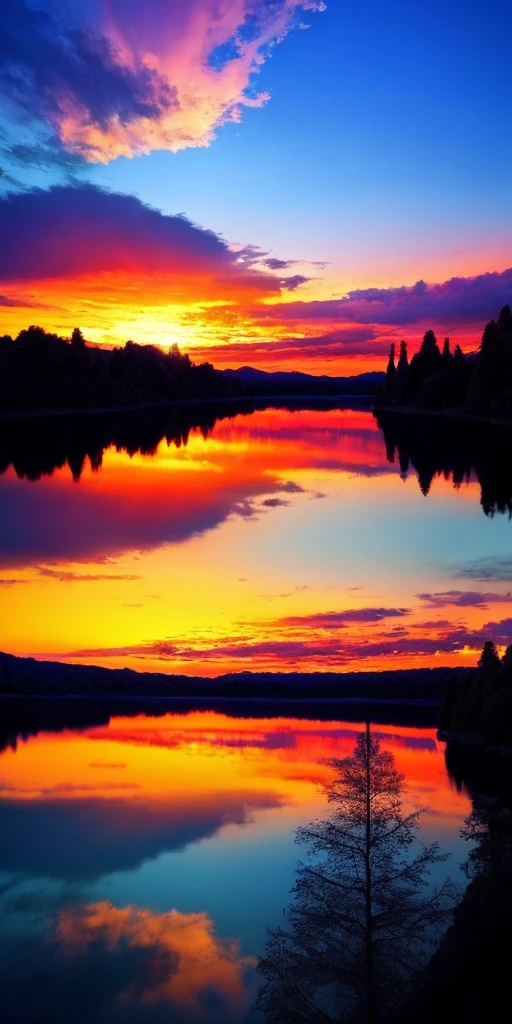 There is a beautiful sunset with a lake and trees in the background,large fantasy castle, nubes coloridas,Colores surrealistas, Colorida puesta de sol, cielo colorido, Maravilloso reflejo del cielo, Cielo impresionante, dreamy atmosphere 8k, Colores que se reflejan en el lago, cielo surrealista, Reflejos rojos y azules, fire reflection, hermoso cielo, Hermoso y espectacular atardecer, beautiful dreamy landscape, Amazing sky, casas tipo fantasia , Dragones volando en el cielo, kind of fantasy ,oscuro