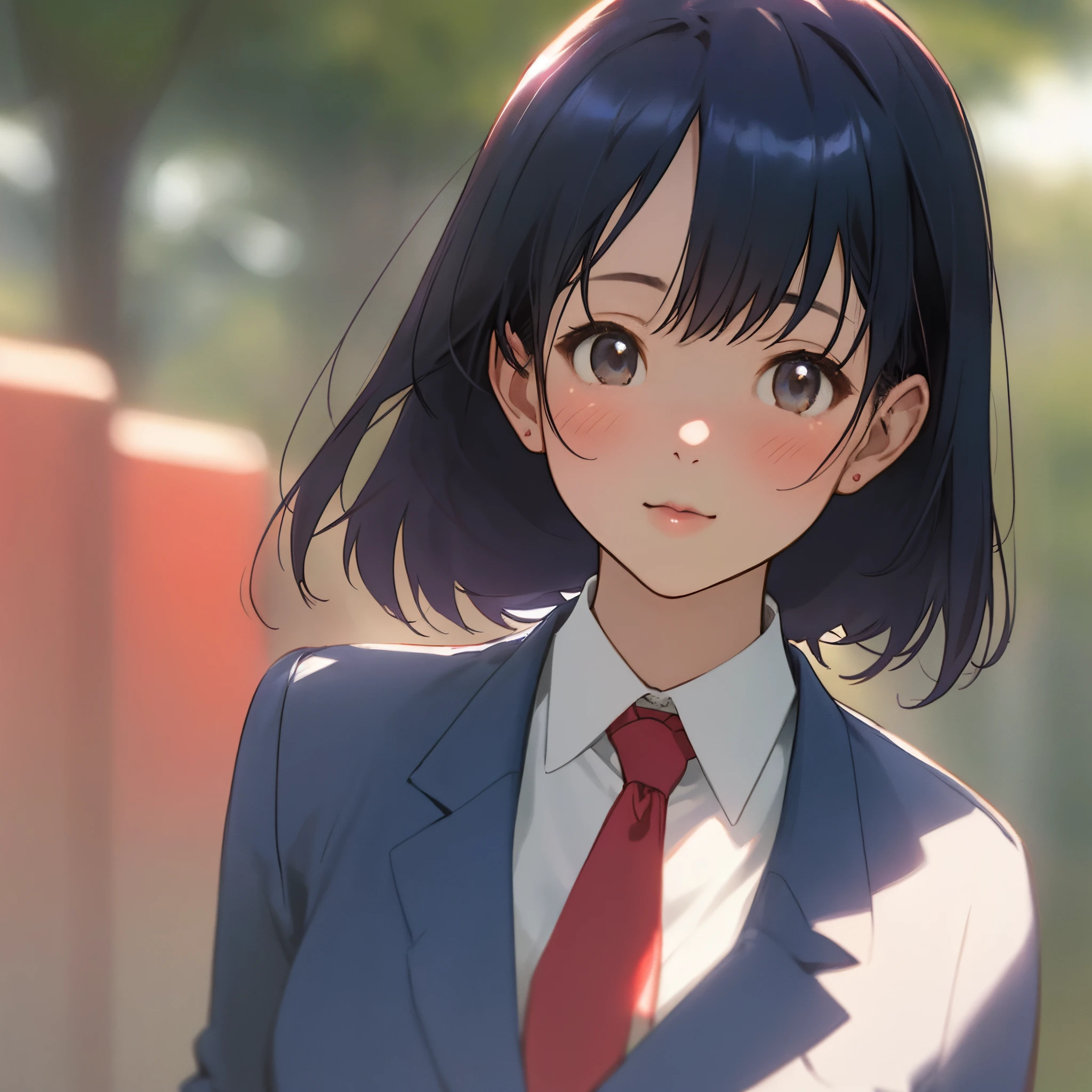 Close up portrait of woman walking in park in uniform、Japan Person Model、Young Sensual Gravure Idol、Young cute gravure idol、Realistic Young Gravure Idol、Realistic sensual gravure idol、Young gravure idols、sophisticated gravure idol、奈良美智、Young skinny gravure idol、beautifull asian girl ever、oppai、bright red tie、dark blue blazer、