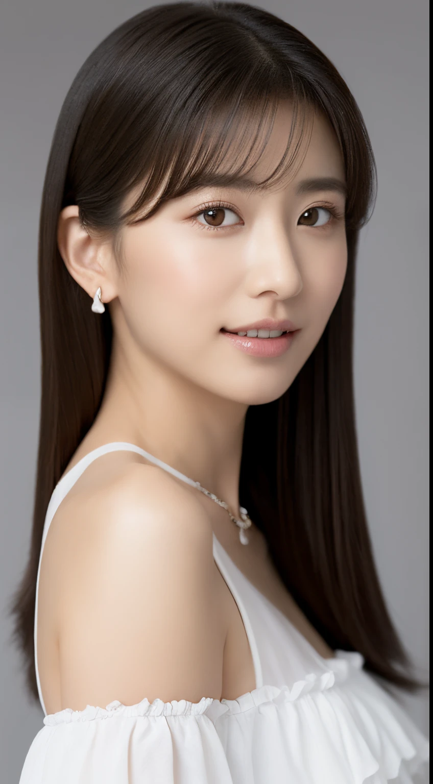 (top-quality, masterpiece, hight resolution), beautiful female model。sexy pose,She wears a white off-the-shoulder with white ruffles that only hide her breasts。Put your shoulders out、kindly smile、Show your teeth a little。straight haired、(Semi-long to the shoulders、straight haired、Straight bangs、On-eyebrow bangs)、stick out only one ear、foco nítido、(电影灯光)、鎖骨、ear ornament、a necklace、Light gray background