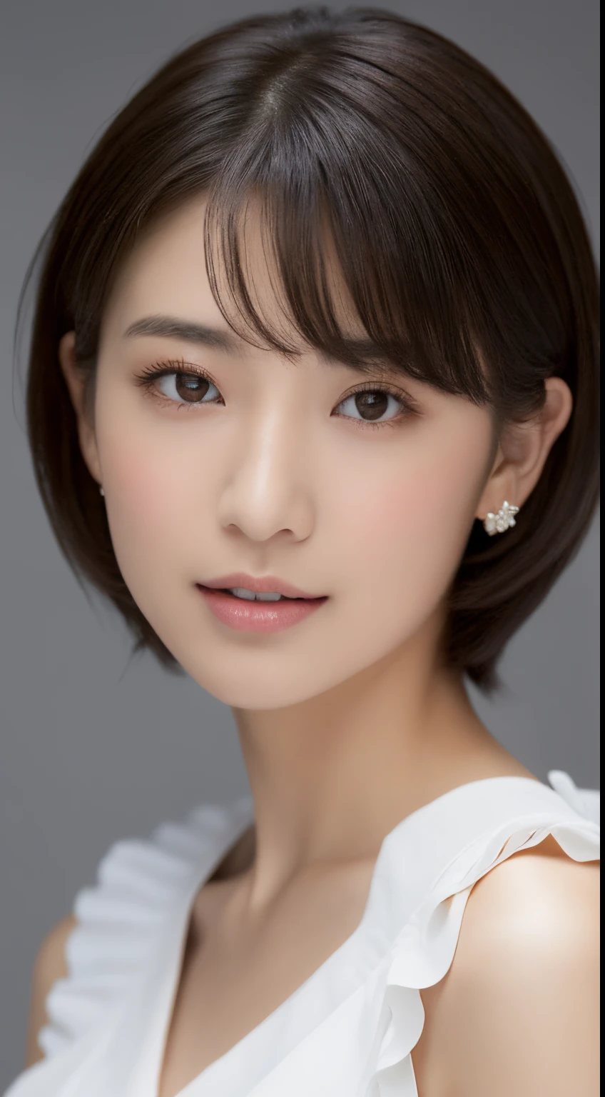 (top-quality, ​masterpiece, hight resolution), beautiful female model。sexy  pose,。She wears a white off-the-shoulder with white ruffles that only hide her breasts。Put your shoulders out、kindly smile、Show your teeth a little。Short bob hair、(Bob on the shoulder、straight haired、Straight bangs、On-eyebrow bangs)、stick out only one ear、foco nítido、(电影灯光)、鎖骨、ear ornament、a necklace、Light gray background