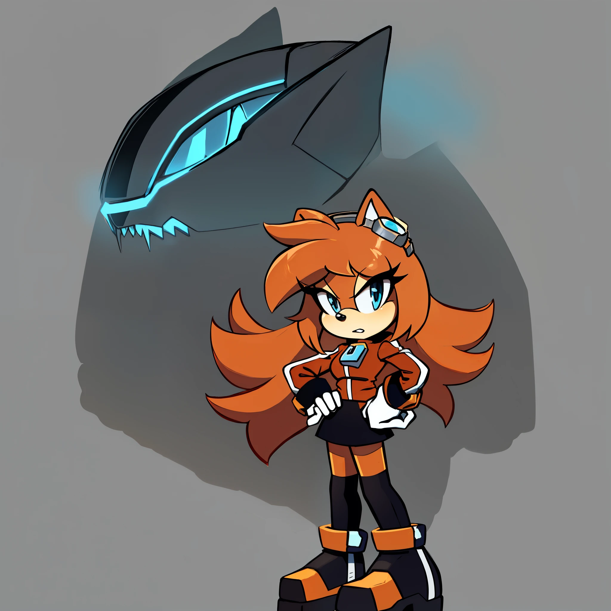 ((1girl)), ((solo)), female, mobian, Hedgehog, brownish orange fur, furry, standing with crossed legs, one hand on hip, eggmaam outfit, eggmaam cosplay, skirt, thighhighs, gloves, red jacket, black thighhighs, white gloves, black skirt, goggles, ((long brownish orange hair)), ((long hair)), ((hair over shoulders)), peachy skin muzzle, hair bangs, blue eyes, eggmaam as a mobian, blank expression, looking at viewer, (background: cartoon futuristic laboratory), (best quality)