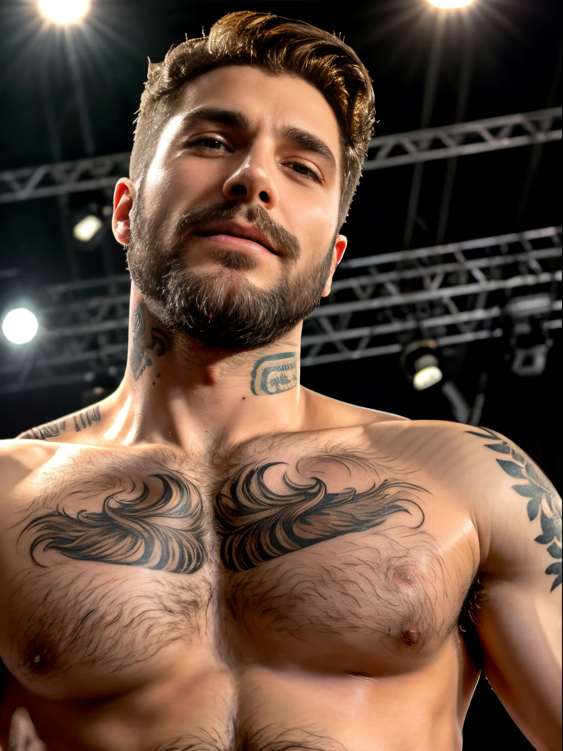 masterpiece, best quality, high resolution, closeup portrait, male focus, solo focus, A man, singer, male version of Lana Del Rey, tattoos, very skinny body,  on a stage  messy hair, pretty face, detailed face, bare chest, body hair, hairy chest, wearing artist clothes, very hairy body, facial hair, trimmed mustache, hairy legs, view from below, dimples, wearing dirty white briefs, sfw, visible dark pubic hair, cute face, bold jawline, dimples, model attractive face, in the background a stage, seductive sexy smirk, unshaved, amazing composition, HDR, ultra quality, elegant, highly detailed