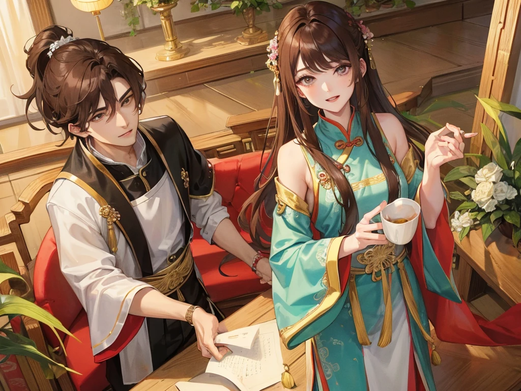 tmasterpiece, Best quality at best, 1 The male protagonist holds his wife’s hand, a mature woman, Chinese, Ancient China, ssmile, Brown hair, princess cut,