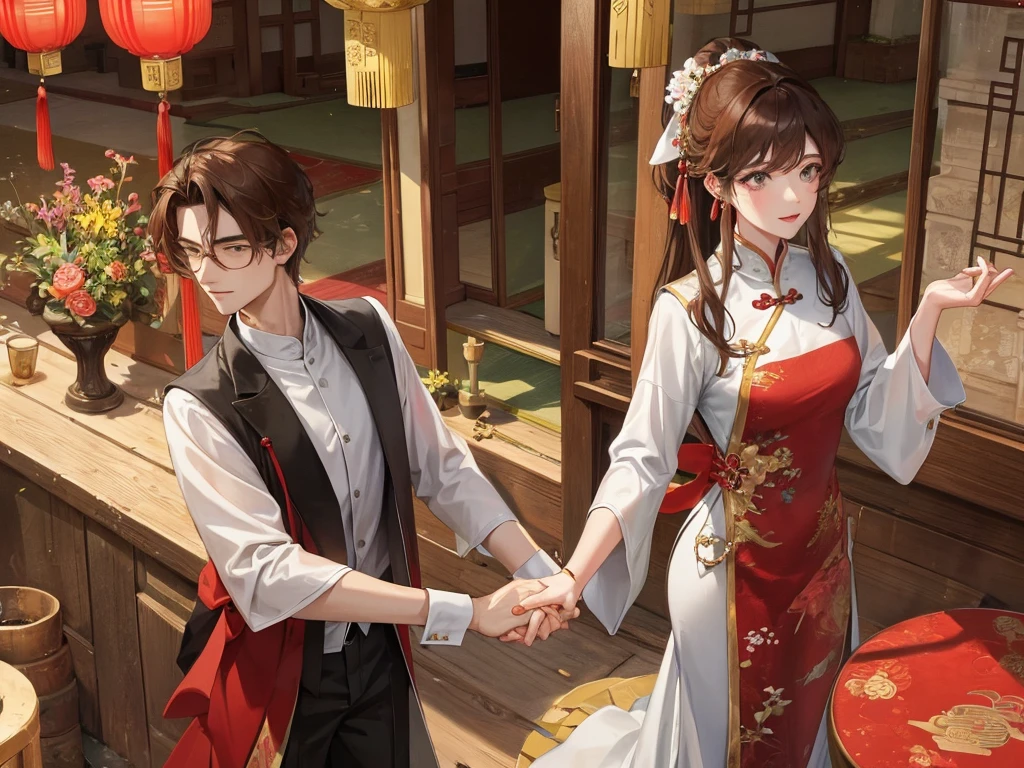tmasterpiece, Best quality at best, 1 The male protagonist holds his wife’s hand, a mature woman, Chinese, Ancient China, ssmile, Brown hair, princess cut,