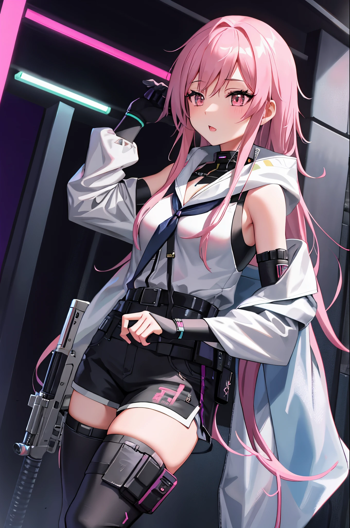 I want a girl soldier with a pink long hair, with a gun in her right hand.
In an anime style. 

I want it in 4K, Cyberpunk style and beautiful.