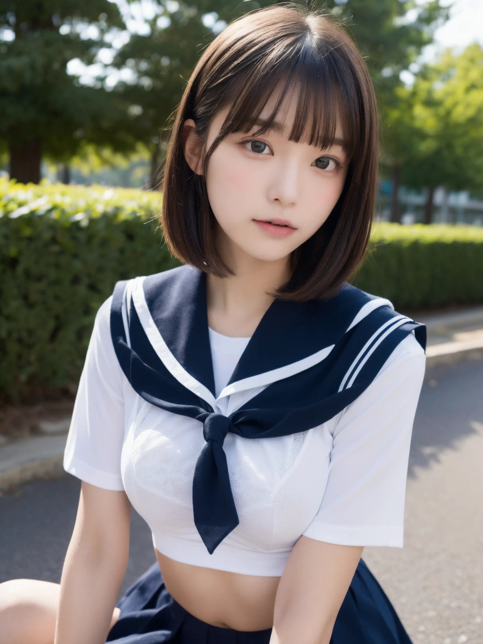 (​masterpiece,top-quality,超A high resolution),A Japanese Lady, an extremely beautiful 17-year-old girl, Ubu no Girl、(Perfect limbs、perfect anatomia),((Bob Hair)).Cute sailor suit、Sailor suit with short sleeves、Navy blue skirt、Pure white、Beautiful skin、Moist eyes、Brown glittery hair、Colors and landscapes of youth、Premonition of love、Colossal tits、embarrassed grin、Attend school、morning,