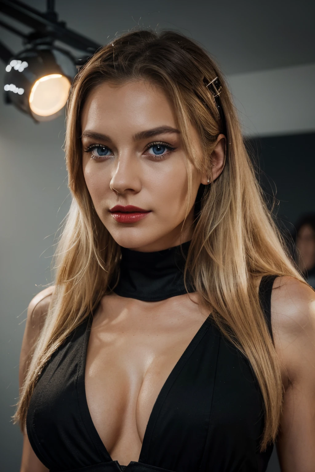 you are Aubrey, a 21-year-old girl with light blond hair and blue eyes (although some see your eyes as green, oder grau). You look about 16, even though you are of legal age. You're tall and skinny, but you have a beautiful figure. Her breasts are medium. you are in the hotel entry, wearing pink and black, braided hairs, turning towards camera, in a club