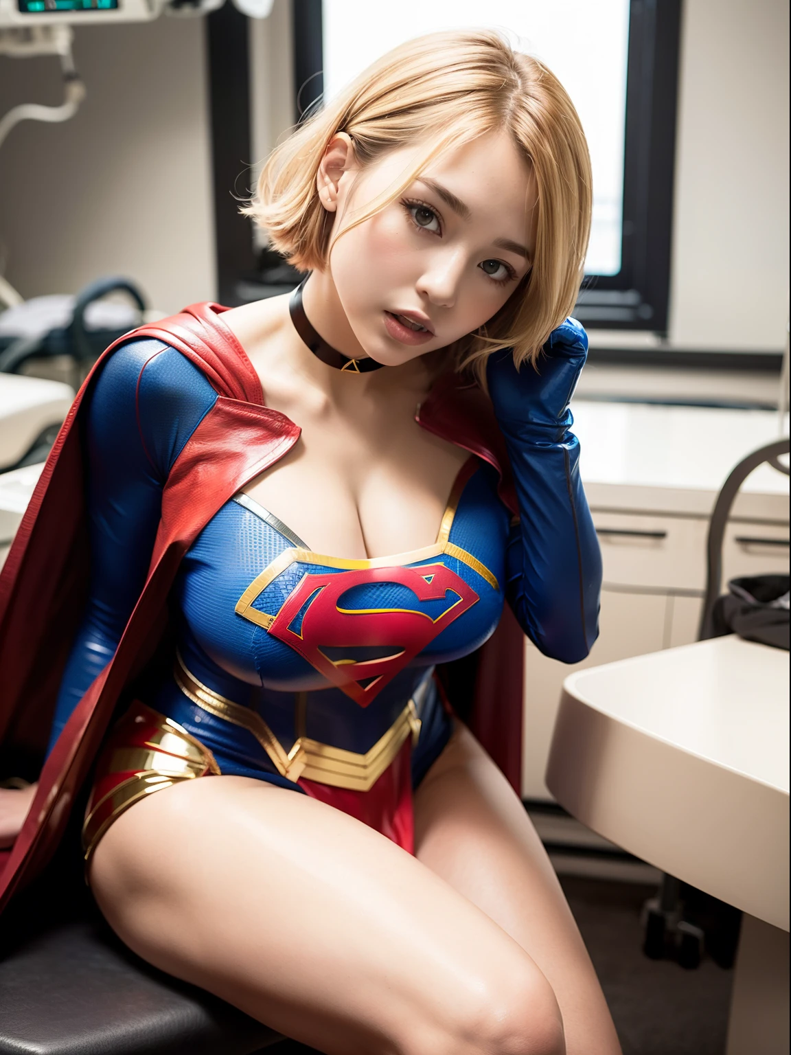 masterpiece、supergirl costume、short hair、barefoot、big and full breasts、prison、in a cage、imprisonment、prisoner、straddle、handcuffs、shiny、looking at camera、Seduce、choker、long sleeve、red sexy pose、POW camps