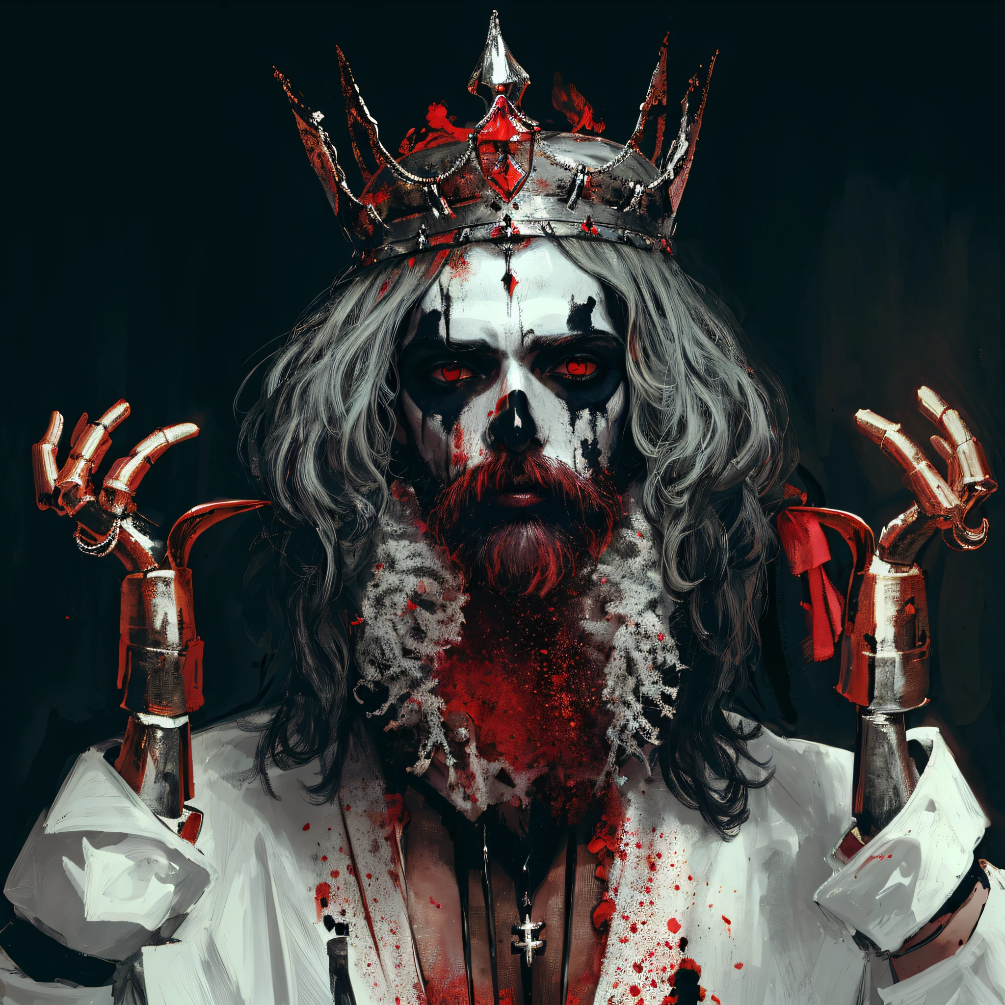homem arafado com uma coroa e sangue no rosto, O Rei da Morte, Homem zumbi congelado com uma coroa, O Rei do Inferno, Rei do inferno, Rei Esqueleto, Rei do esqueleto dos mortos-vivos, with a crown of skulls, Retrato do Deus da Morte, Deus masculino bonito da morte, homem com coroa, Velho Rei Medieval, Retrato de um Deus da Morte