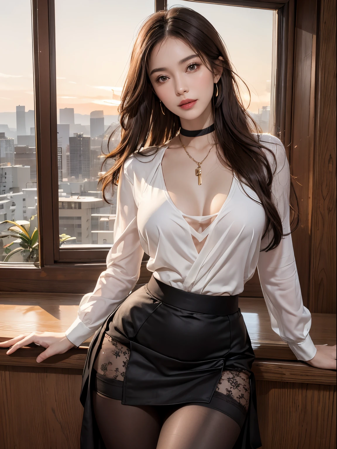photorealistic, high resolution, soft lights, 1women, solo, hips up, look at viewer, (detailed face), brunette hair, waist length hair, jewelry,30a,(realism:1.3),narrow waist, hyper detailed, posing, petite ass, smile, dimples, stockings, choker, see through nipples, camel toe, close up, cowboy shot, goddess, ripped clothing, (outside, sunset:1.3) tight clothing, lace, see through, pantyhose, (office outfit, formal top, tight skirt:1.3)