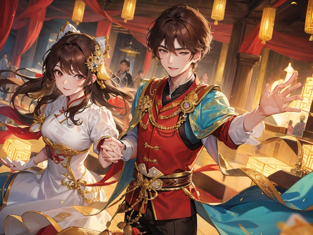 tmasterpiece, Best quality, 1 The hero holds his wife’s hand, A mature woman, chineseidol, gu, ssmile, Brown hair, princess cut,