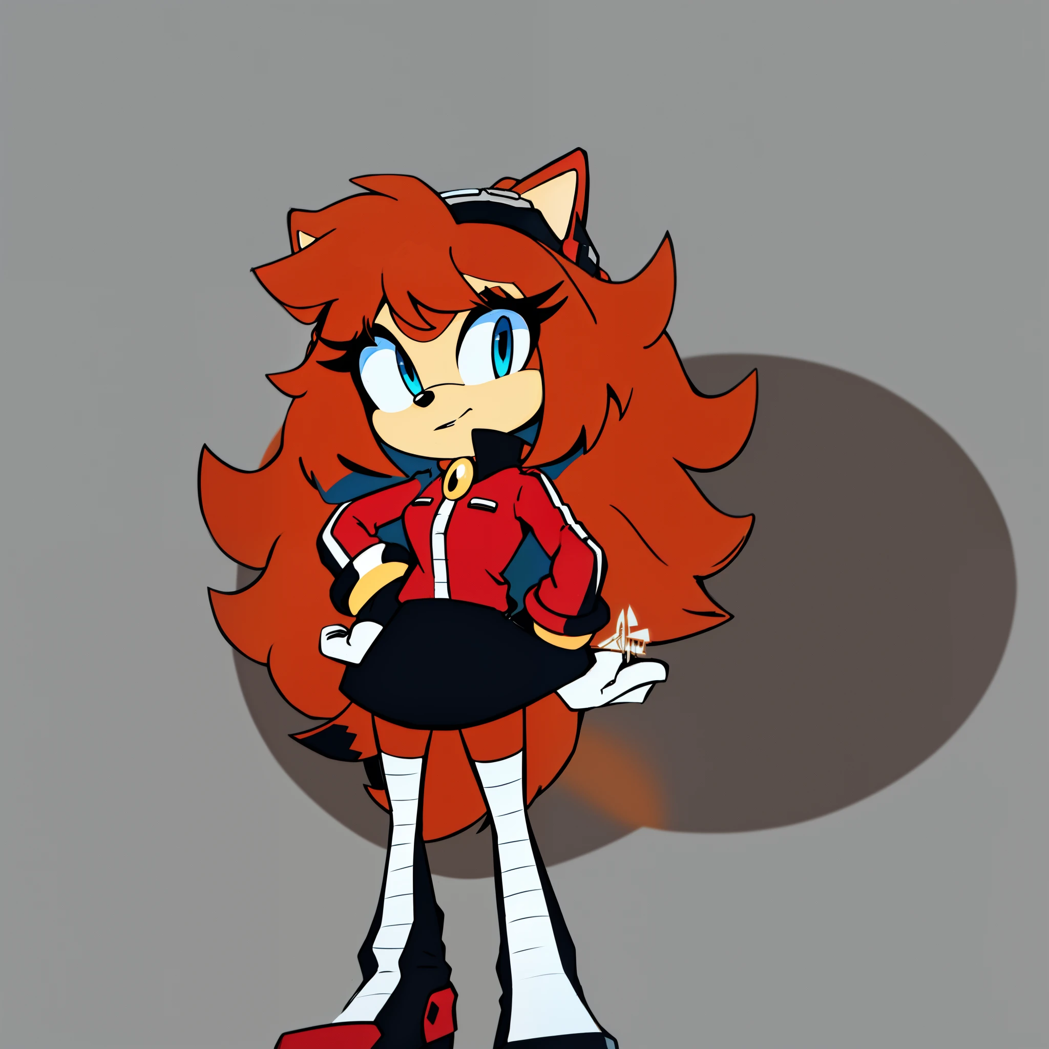 ((1girl)), ((solo)), female, mobian, Hedgehog, brownish orange fur, furry, standing with crossed legs, one hand on hip, eggmaam outfit, eggmaam cosplay, skirt, thighhighs, gloves, red jacket, black thighhighs, white gloves, black skirt, goggles, ((long brownish orange hair)), ((long hair)), ((hair over shoulders)), peachy skin muzzle, hair bangs, blue eyes, eggmaam as a mobian, blank expression, looking at viewer, (background: cartoon futuristic laboratory), (best quality)