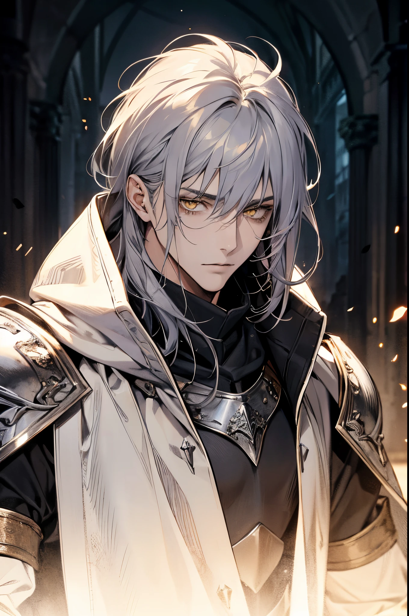 male, messy silver medium length hair with bangs, yellow eyes, adult face, adult, white hood and shroud, breast plate armor, handsome, medieval fantasy, ruins, sorcerer, looking at viewer
