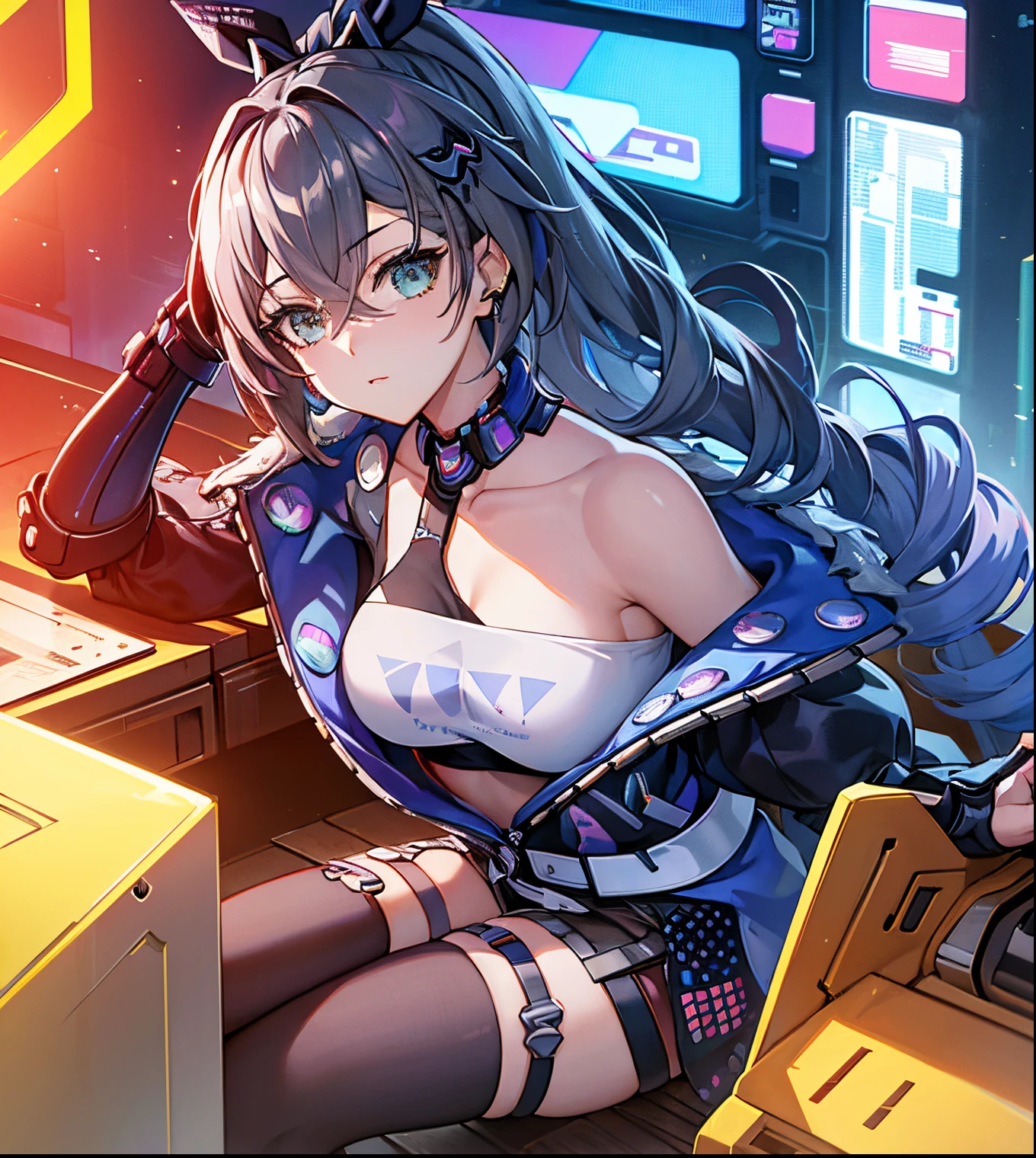 (highest quality), Angle from the front:1.2,1 female, alone, Shining school swimsuit,double big round eyes,two tone hair,((two side up)),red eyes, (black skin),blush,smile, (open chest:1.1),Cyberpunk world,dynamic composition,big breasts,Socks above the knee,Psychedelic color scheme,rainbow colored background,rabbit ear headphones,turbo in the back,machine legs,rainbow colored screen,((cockpit of a complex machine)),look far away,(armor in the shape of a hoodie),holding a game controller