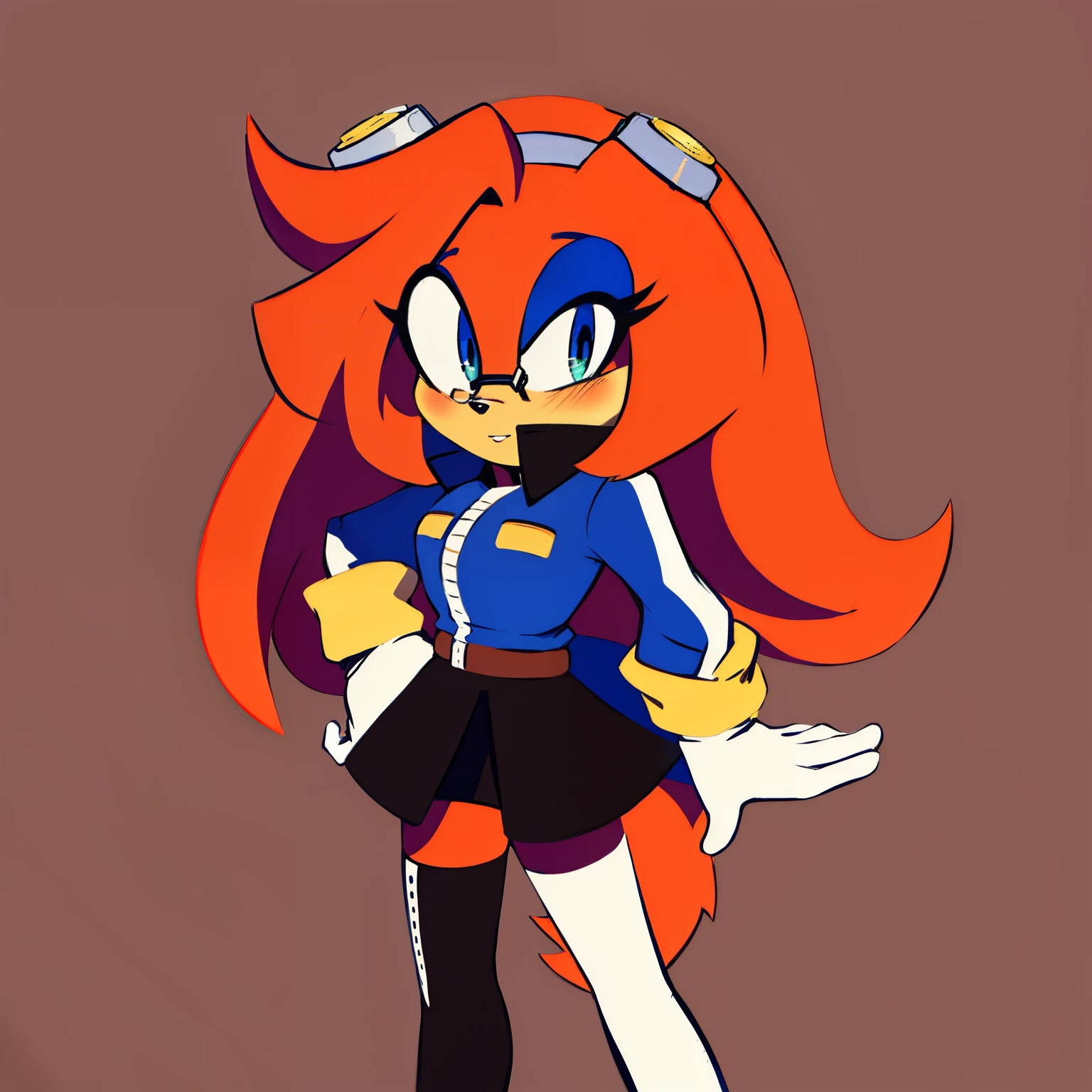 ((1girl)), ((solo)), female, mobian, Hedgehog, brownish orange fur, furry, standing with crossed legs, one hand on hip, eggmaam outfit, eggmaam cosplay, skirt, thighhighs, gloves, red jacket, black thighhighs, white gloves, black skirt, goggles, tinted eyewear, blue-tinted eyewear, ((long brownish orange hair)), ((long hair)), ((hair over shoulders)), peachy skin muzzle, hair bangs, blue eyes, eggmaam as a mobian, blank expression, looking at viewer, (background: cartoon futuristic laboratory), (best quality)