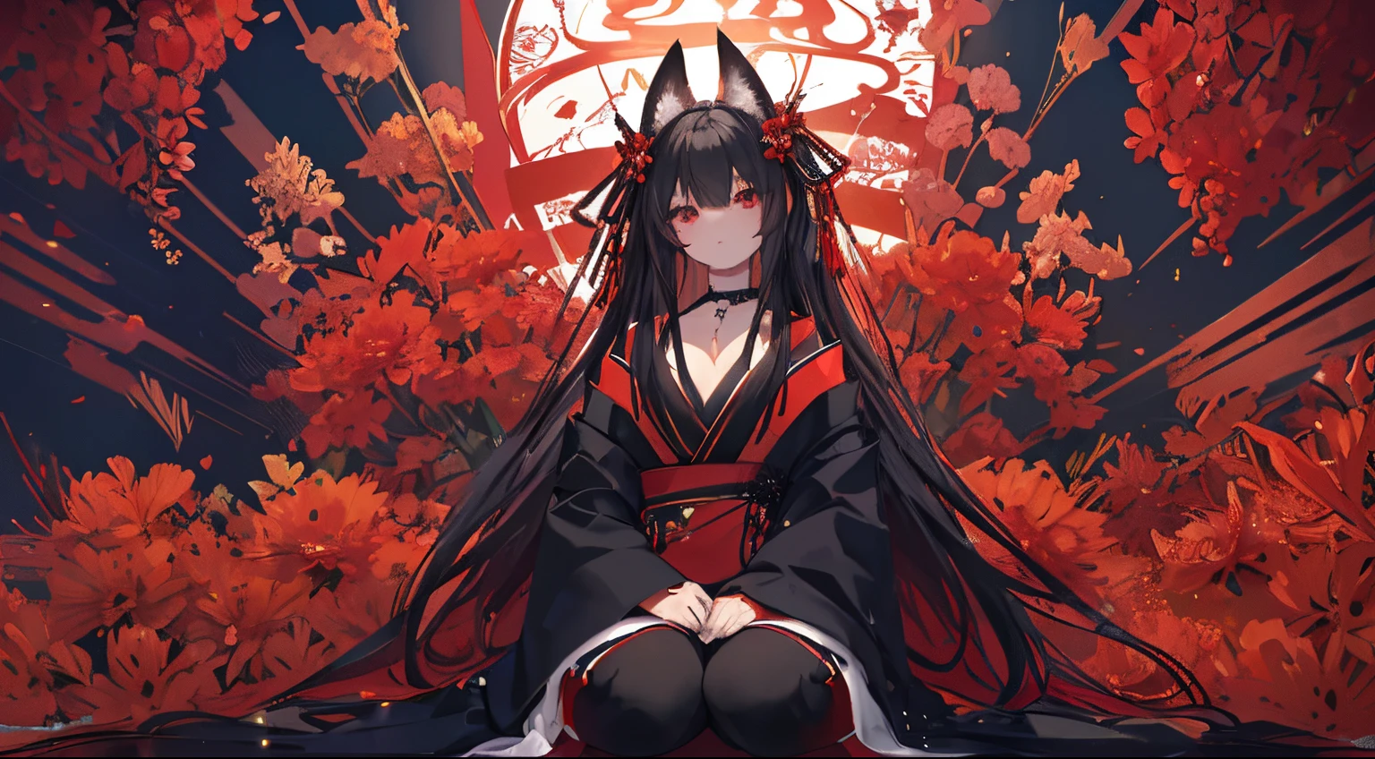 (extremely detailed CG unity 8k wallpaper), (((ultra-detailed))), ((extremely detailed)), (((best illustration))), best illumination, ((extremely delicate and beautiful)), ((an extremely delicate and beautiful girl)), colorful, lycoris radiata, (manjusaka:1.1), red flower field, (((colorful flowers))), ((1 girl, solo)), {{finely detailed beautiful eyes and detailed face}}, sad expression, sad smile, long hair, (((black hair))), hair hide ear, red eyes, beautiful detailed eyes, mature female, gentle, slender, medium breast, no_human_ear, (black red fox ears), (black red fox tail), (((intricate details))), (Black and red knee-length kimono dress), medium height black boots, ((black choker with red pendent)), manjusaka/lycoris radiata birthmark on the neck, sitting, bishoujo, 19_years_old