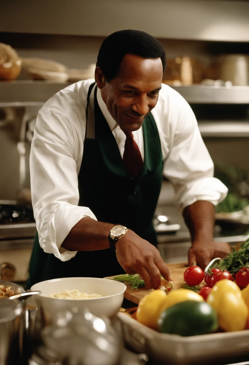 A photo of Simpson cooking a gourmet meal in a professional kitchen,original,O.J. Simpson, “The Juice”, a former American football star, had a commanding athletic build, standing at 6’1” with a strong, muscular frame indicative of his years as a professional athlete. His charismatic smile and confident demeanor were recognizable features, making him a familiar and popular figure in the public eye. Simpson maintained a well-groomed appearance, often seen in tailored suits, reflecting his transition from sports to a career in entertainment.