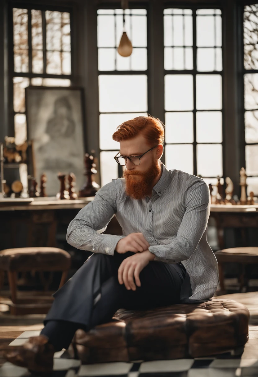 A photo of a person sitting at a chessboard, deep in concentration.,original,red hair, red beard, brown eyes, pale skin, square-framed glasses, button-up shirts, dress slacks, Scandinavian, thin, slender, tall