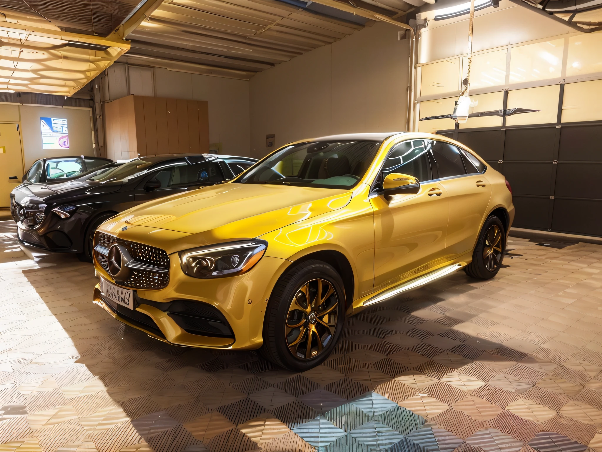 View of a light yellow Mercedes SUV, parked in the garage, 2 0% mother of pearl detail, light yellow, Mercedes, Mercedes Benz, Shot on iPhone 14 Pro, Shot on iPhone 1 3 Pro, full face, Shot on iPhone 1 3 Pro, full unit, s face, 🤬 🤮 🤮 🤮 🤮 💕 🎀, Front profile