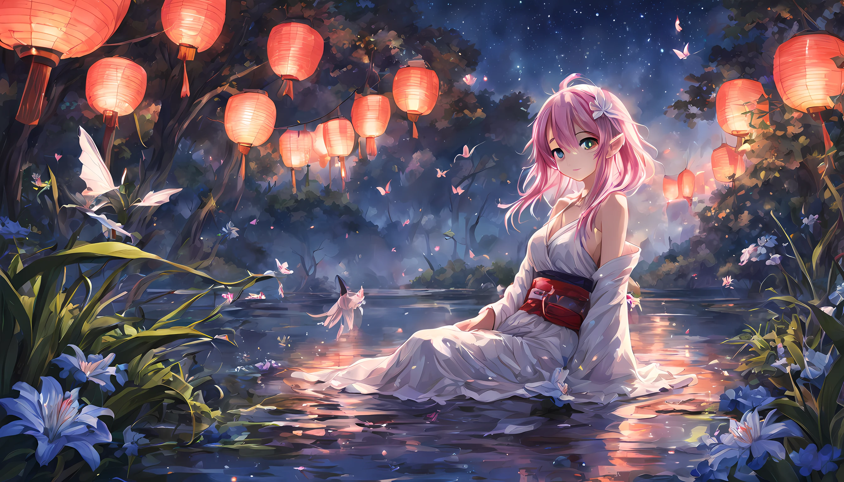 (tmasterpiece),(Best quality at best),A high resolution,(Extremely Delicately Beautiful),(The is very detailed), 1个Giant Breast Girl, Alone, horn, Dragon's horn, Dragon wings, Dragon tail, dragon girl, Spider lily, pointy ears, Japanese clothes, florals, The barefoot, long whitr hair, The tree, Eau, Kimono with white, sitted, Outdoor activities, Wet with, the night, wetclothes, Soak your feet, lanterns, By bangs, Pink flowers, Purple flowers, silber hair, ssee-through, exposed bare shoulders, looking at viewert, Skysky, casa, Blue flowers, a purple eye, Be red in the face, One side facing up, Bare legged, butterflys, buliding, Wet kimono, nigh sky, leak, longer sleeves, sun skirt, White flowers, fuzzy, blurryforeground, depth of fields, cropped shoulders, hair between eye, 鎖骨, scenecy, red flower, Reflectors, Keep your mouth shut, Sleeveless, grassy, Off-the-shoulder kimono, ripples, lake, As estrelas \(Skysky\), little breast, paper lanterns, Half-hammerhead, with pink hair, long whitr hair, Belt slipping, a plant, artistname, Pink butterfly, ssmile, Keep your mouth shut, starrysky, Looking awayBREAK night，The silver-haired and purple-eyed dragon girl sits by the tranquil lake, decorated in white, Off-the-shoulder kimono，She was soaked from her feet to the tip of her long sleeves.. her dragon wings, coda, The soft glow of nearby paper lanterns subtly highlights the corners. Her eyes meet yours for a moment，Then he looked away, A gentle smile appeared at the corners of the tightly closed mouth. The landscape around her blends traditional Japanese aesthetics with elements of mystery: Spider lily, Various other pink flowers, The purple, and white colors, There were even a few dancing butterflies dotting the space around her. The starry night sky is reflected in the ripples of the lake, Add depth to the field. In a blurry foreground, Grass blades and plants dance in the breeze. The whole scene is ethereal, Caught between reality and fantasy.