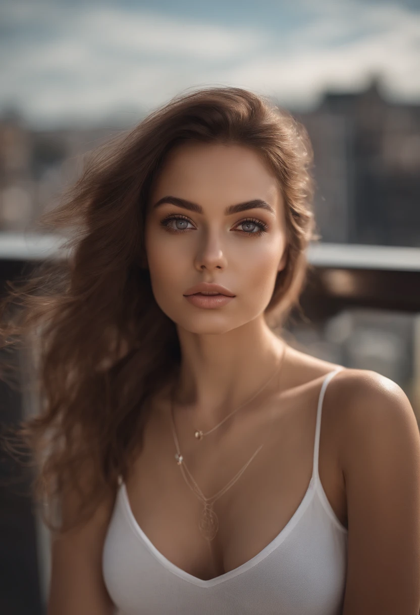 arafed woman with a white tank top and a necklace, sexy girl with light brown, portrait sophie mudd, brown hair and large eyes, super realistic, 4k, selfie of a young woman, bedroom eyes, violet myers, natural makeup, looking directly at the camera, face with artgram, subtle makeup, cute girl, sexy pose, brunette goddess, high detail, full body shot, in city during the day