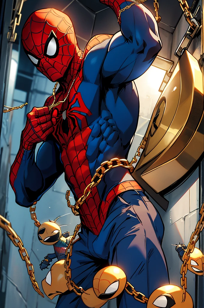 Spider-Man con sudadera con capucha, Cadenas de oro, Estar sentado por la noche