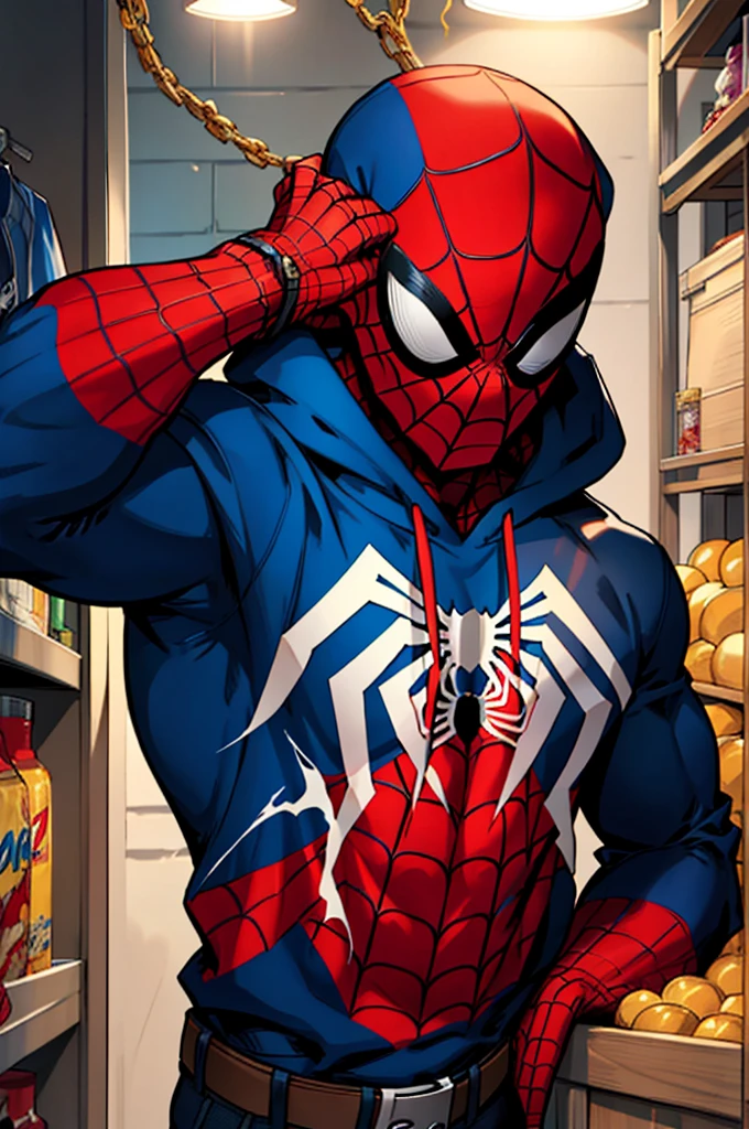 Spider-Man con sudadera con capucha, Cadenas de oro, Estar sentado por la noche