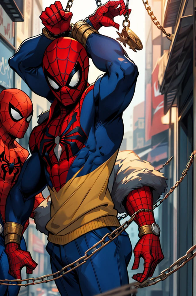 Spider-Man con sudadera con capucha, Cadenas de oro, Estar sentado por la noche