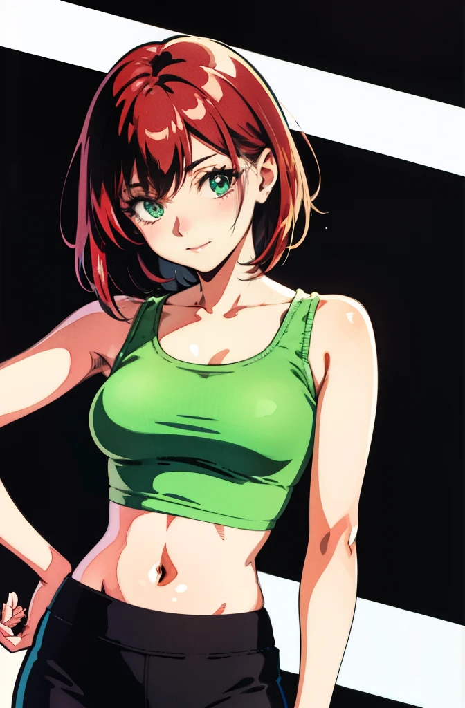 /draw [retro anime art style:1.9], old anime, 1980s \(style\), 1990s \(style\), watercolor \(medium\), 1girl, breasts, tank top, red hair, short hair,green eyes, small breasts, fit, wide hips, solo, 1girl, tomboy, yoga pants, [perfect hands:1.8], ((sneakers)), (hyperdetailed:1.5), [detailed], ((best quality)), ((masterpiece)), (soft light, sharp:0.3), {illustration}, (illustration, uhd, unreal engine, sharp focus,), op quality, best quality, official art, ultra detailed texture, ultra detailed hands, (delinquent girl), {manga cover style}, meaning face, (manga cover:0.3), (full body:0.5)