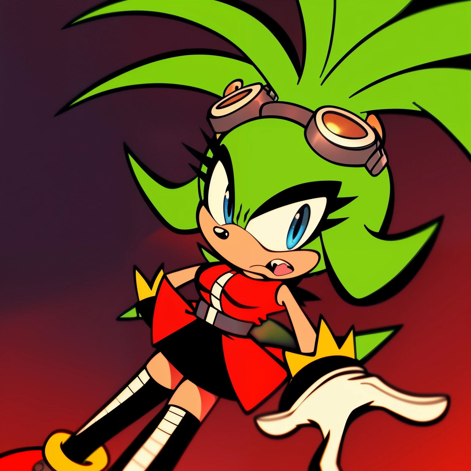 Surge the Tenrec, dressed as eggmaam, eggmaam outfit, eggmaam cosplay, skirt, thighhighs, gloves, red jacket, black thighhighs, white gloves, black skirt, goggles, blank expression, looking at viewer, (background: cartoon futuristic laboratory), (best quality)