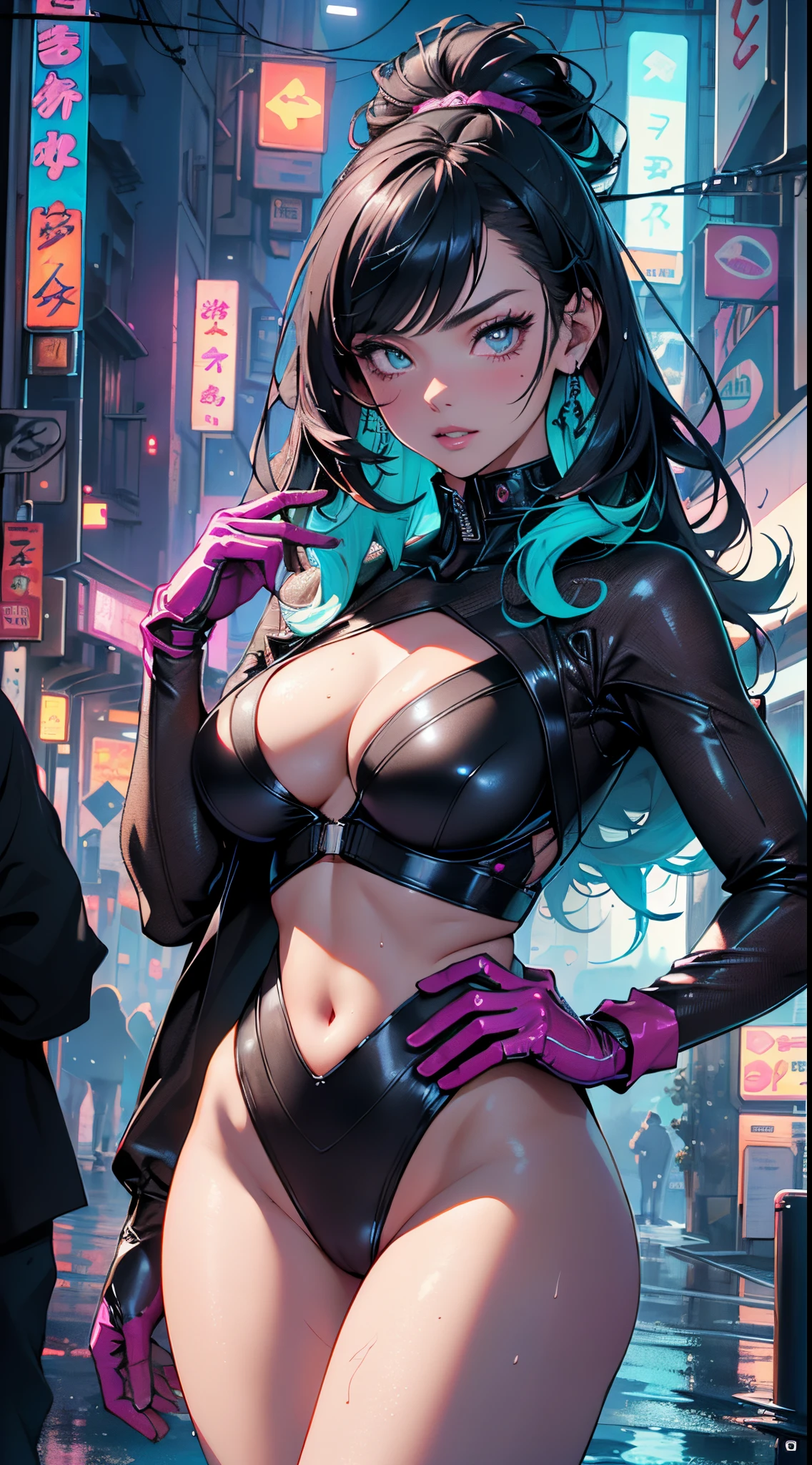 sporty girl with Asian features,(((1girl))),((girl with dark hair and turquoise highlights)),((asian girl,Japanese woman)),
(large breasts:1.4),saggy breasts,(((Black hair with turquoise streaks:1.35,straight hair,long hair:1.4,colored inner hair,ear breathing))),((heterochromia:1.5, (pink_eye and aqua_eye))),((fat)),(((lustrous skin:1.5,bright skin: 1.5,skin tanned,shiny skin,very shiny skin,shiny body,plastic glitter skin,exaggerated shiny skin,illuminated skin, wet legs))),(spider lower abdomen,narrow waist,wide hip,athletic body,inflated legs,detailed body,(detailed face)),
cute,slutty,seductive,erotic,((nsfw)),
zettai ryouiki,((two-piece swimsuit magenta,wearing a bikini outfit:1.3,sport bikini)),(rgb headphones:1.5,cyber gloves:1.5,huge mech-gloves),((wet clothes,intricate outfit,intricate clothes,intricate swimsuit, intricate bikini)),
(dynamic pose:1.0),embarrassed,(centered,scale to fit dimensions,Rule of thirds),
cyberpunk city by the ocean at night, with bright neon signs and dark stormy clouds and puddles, scenery:1.25,nighttime, starry night, cosmos,Very dark night that makes the neon lights stand out, very bright neon lights,nighttime, starry night, cosmos,Very dark night that makes the neon lights stand out, very bright neon lights,
artistic photography,(photography taken by sldr),highres, sharp focus,(ultra detailed, extremely detailed), (photorealistic artwork:1.37),(extremely detailed CG unity 8k wallpaper),((synthwave background theme)),(((vibrant colors))),intricate,(intricate background),(masterpiece),(best quality),perfect rendered face,perfect face details,realistic face,photo realistic,analog style,((intricate detail)),(((realism))),