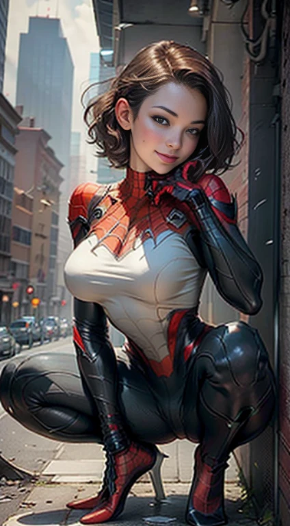 Beautiful woman detailed defined body using spider man cosplay，ssmile，hunger，short detailed hair，C cup，The legs are thinner，spreads her legs apart，There are many places on the clothes that are scratched，Chain around the neck，Face away from the camera，Without background