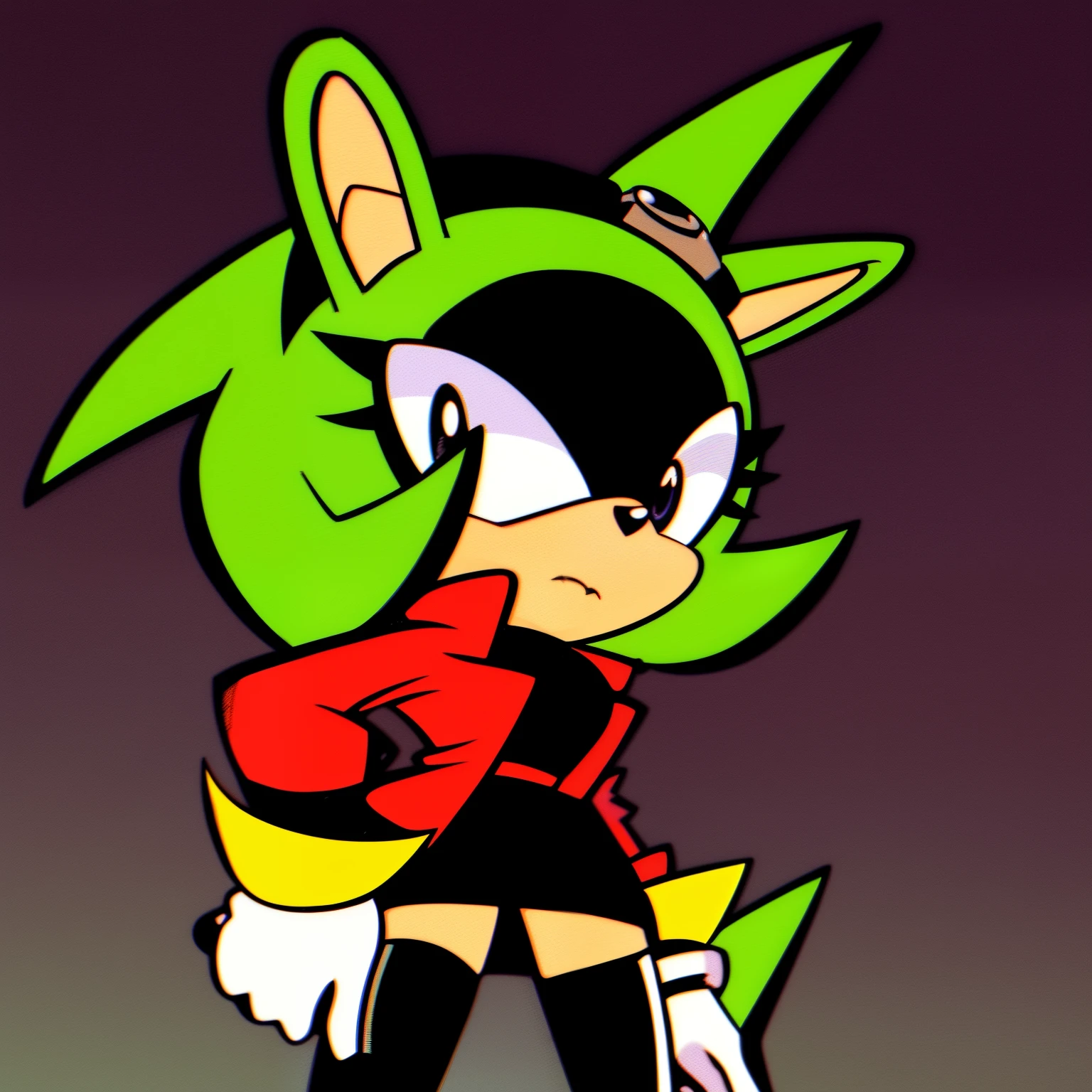 Surge the Tenrec, dressed as eggmaam, eggmaam outfit, eggmaam cosplay, skirt, thighhighs, gloves, red jacket, black thighhighs, white gloves, black skirt, goggles, blank expression, looking at viewer, (background: cartoon futuristic laboratory), (best quality)