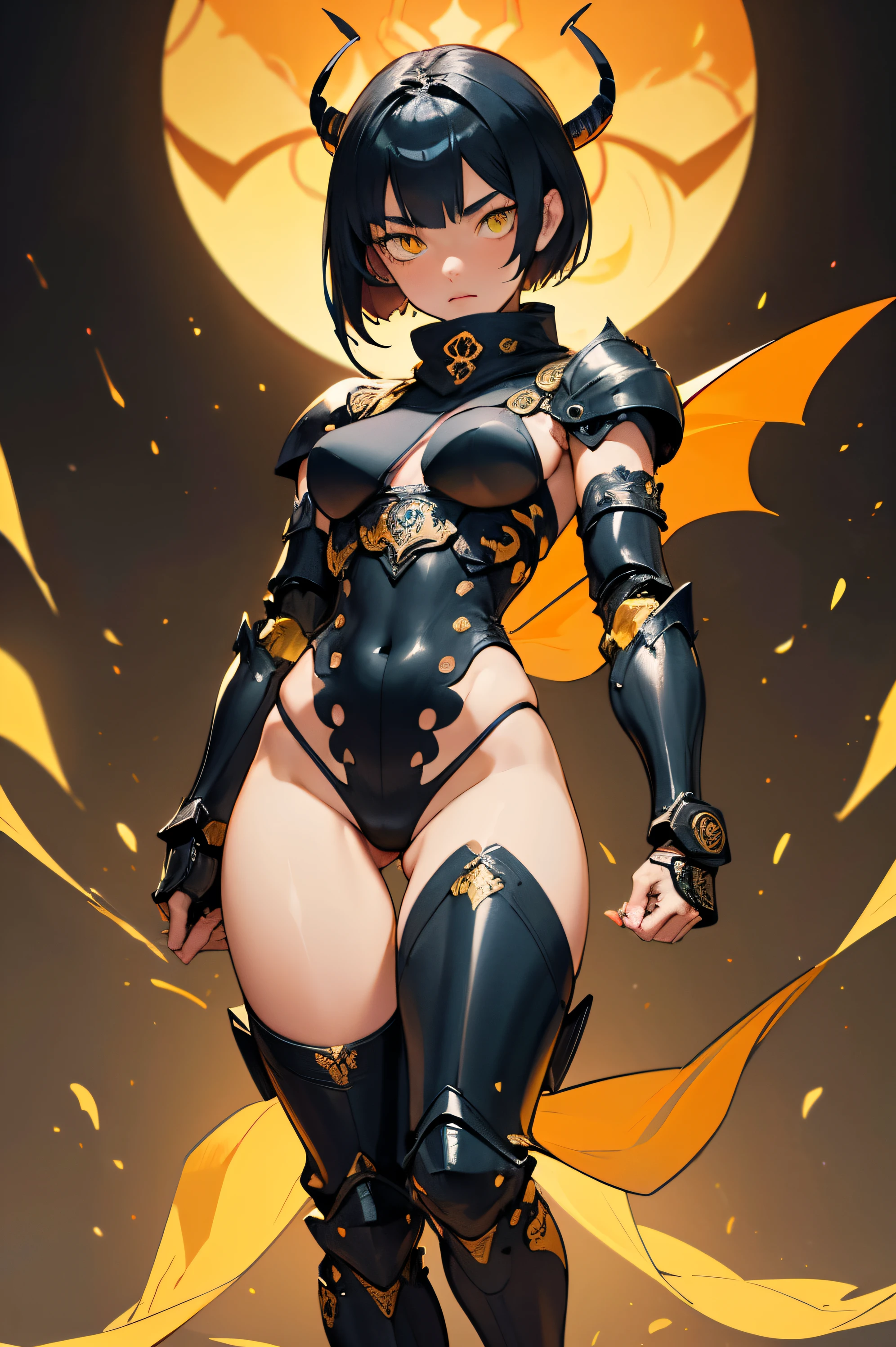 [Shinjuku background at night],(HENTAI ANIME) (Japanese NINJA Girl (Beauty)  student) petite and muscular [Slim & fit body], Short Bob Cut,([hornet] Orange Ninja Battle Armor) scarf [stall] ((Fitting rubber inner) [honeycomb] [edg]) hair adornments (Dull metallic luster:0.8),gravure [KUNOICHI],(Perfectly proportioned),Ideal color coordination),(Intricate and beautiful decoration (Dense detail)),[Perfect hand details],(Beautiful perfect face, yellow eyes, yellow irises, [Perfect eye details, [Full body like], fit thighs, thigh gap,[[Desaturation]].