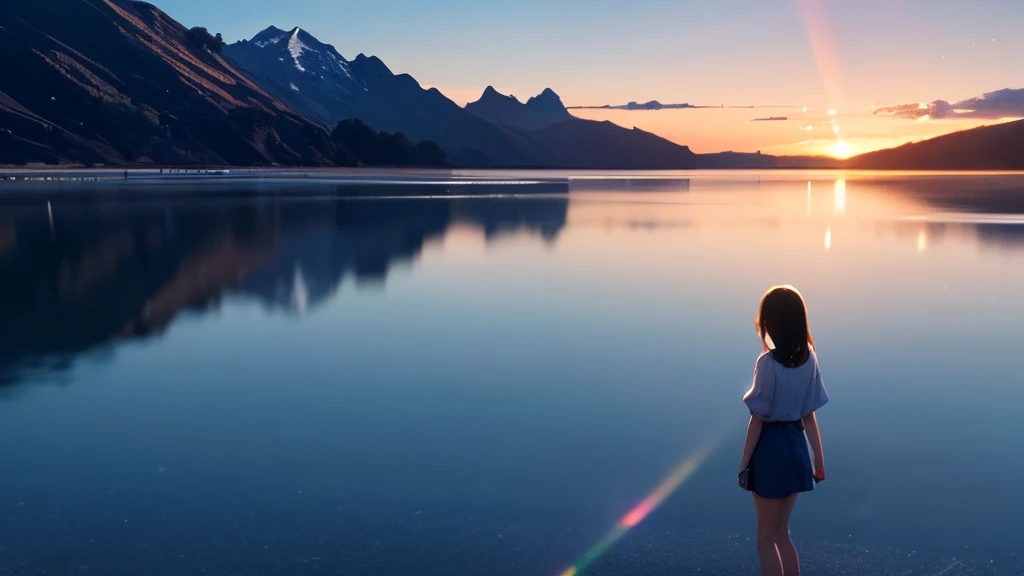high-detail,Full body,girl with,Morning light,short-cut,Stand in the middle of a salt lake,The surface of the water is like a mirror,Reflecting the sky。Look at the sky,The Milky Way is in the sky。
