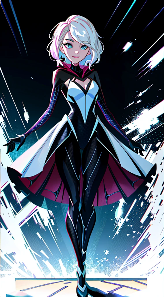 Gwendolyn Stacy from into the spiderverse, in the style of into the spiderverse movie, stood up, looking at the camera, pitch black background, OLED wallpaper, white suit, smiling