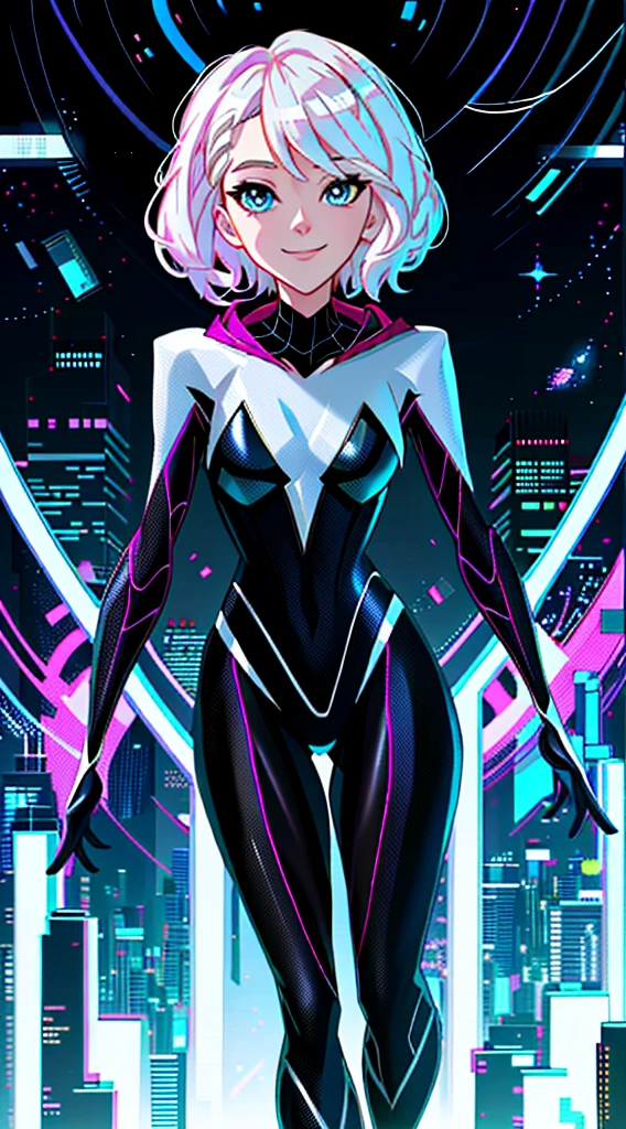 Gwendolyn Stacy from into the spiderverse, in the style of into the spiderverse movie, stood up, looking at the camera, pitch black background, OLED wallpaper, white suit, smiling